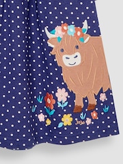 JoJo Maman Bébé Navy Blue Highland Cow Appliqué Button Front Dress - Image 3 of 3