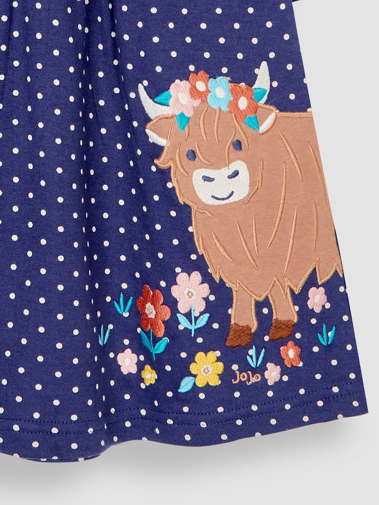 JoJo Maman Bébé Navy Blue Highland Cow Appliqué Button Front Dress - Image 3 of 3