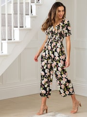 Pour Moi Black Floral Sally Fuller Bust Shirred Bodice LENZING™ ECOVERO™ Puff Sleeve Jumpsuit - Image 1 of 4