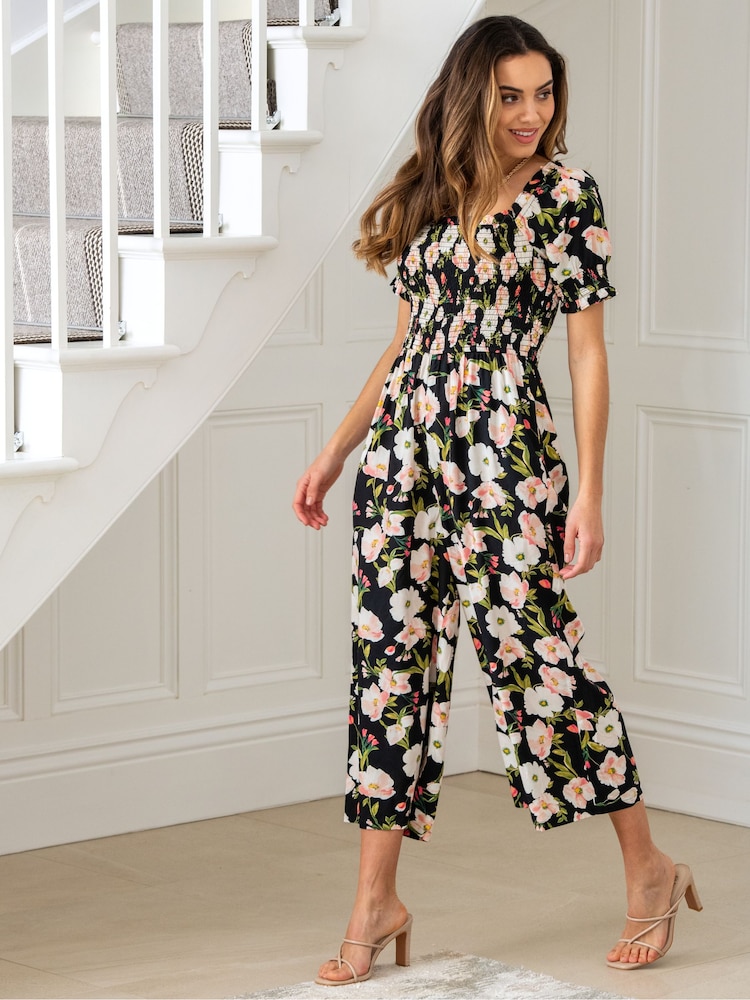 Pour Moi Black Floral Sally Fuller Bust Shirred Bodice LENZING™ ECOVERO™ Puff Sleeve Jumpsuit - Image 1 of 4