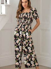 Pour Moi Black Floral Sally Fuller Bust Shirred Bodice LENZING™ ECOVERO™ Puff Sleeve Jumpsuit - Image 2 of 4