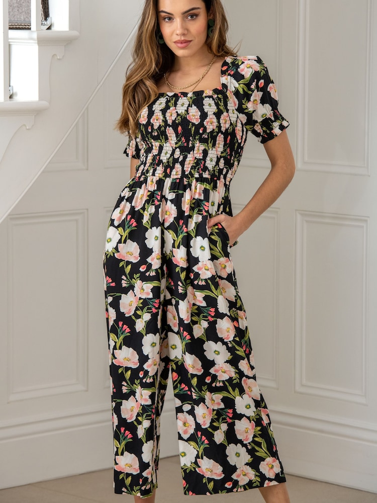 Pour Moi Black Floral Sally Fuller Bust Shirred Bodice LENZING™ ECOVERO™ Puff Sleeve Jumpsuit - Image 2 of 4