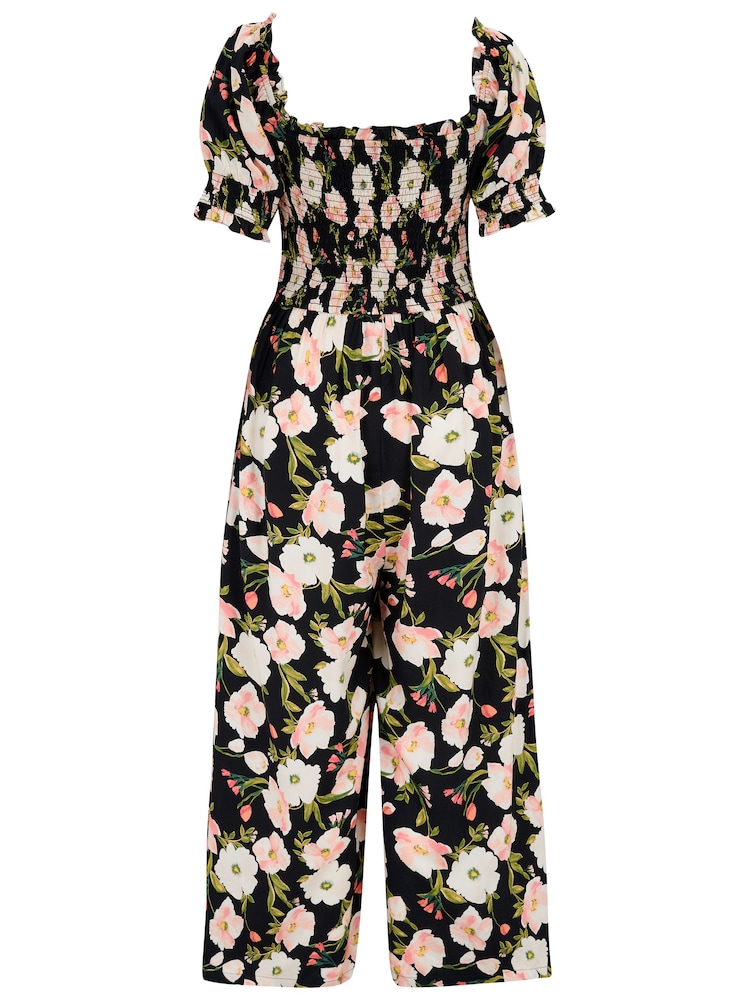Pour Moi Black Floral Sally Fuller Bust Shirred Bodice LENZING™ ECOVERO™ Puff Sleeve Jumpsuit - Image 4 of 4