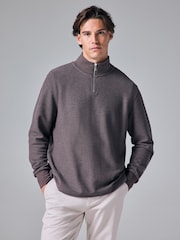 Brown Marl Long Sleeve Textured Quarter Zip Jumper - Image 1 of 7