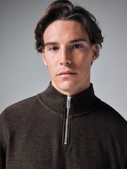 Brown Marl Long Sleeve Textured Quarter Zip Jumper - Image 4 of 7