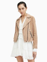 AllSaints Brown Suede Dalby Crop Biker Jacket - Image 1 of 5