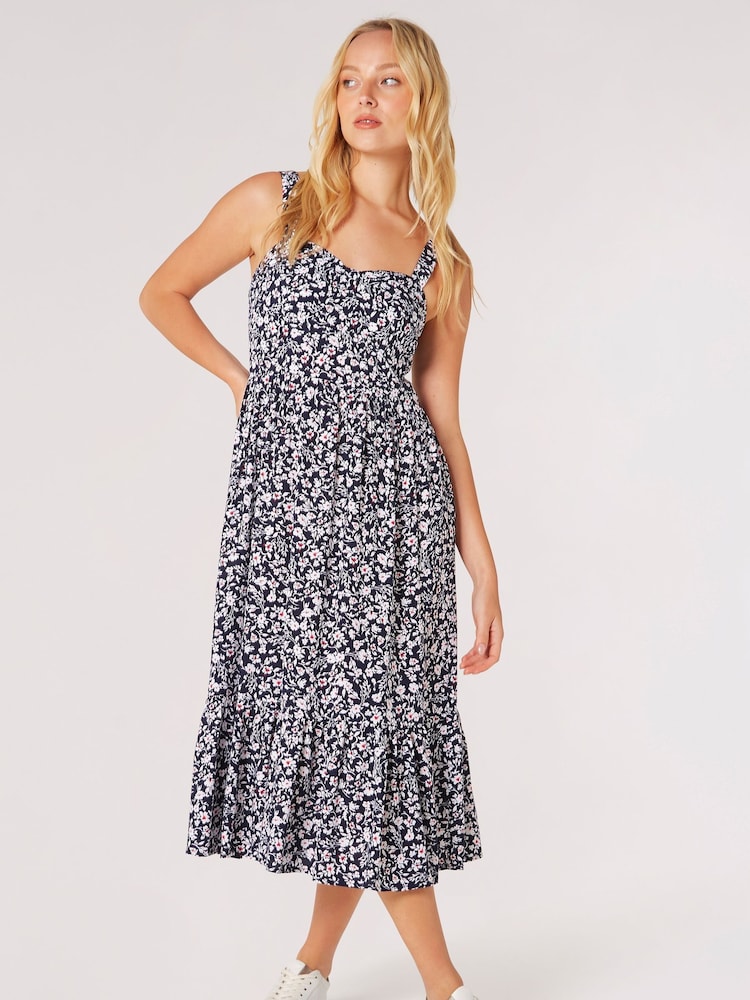 Apricot Blue Floral Silhouette Midi Dress - Image 1 of 5