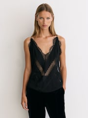 Reiss Black Sisley Lace-Trim Mesh-Detail Cami Top - Image 4 of 8