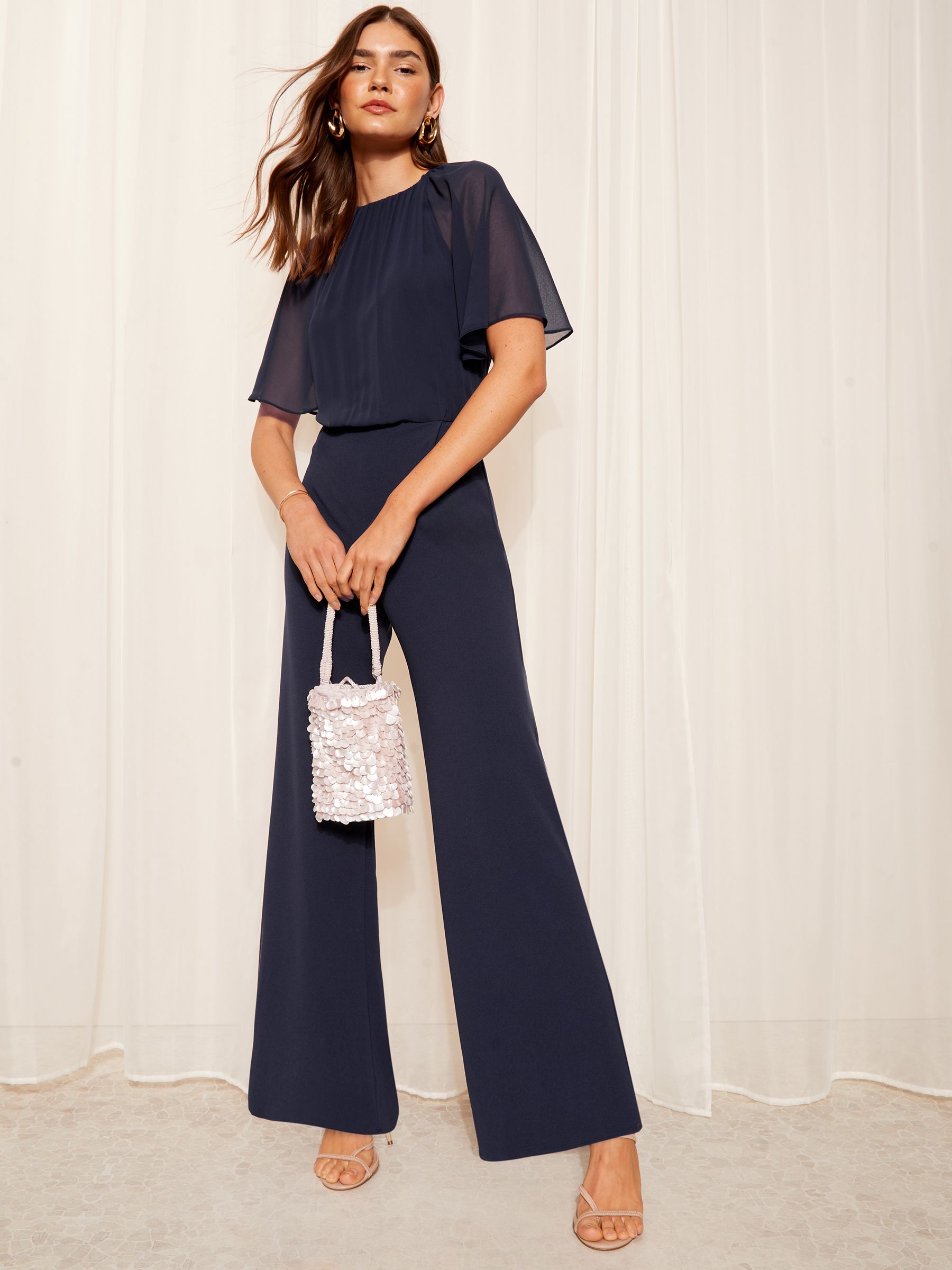 Buy Friends Like These Navy Blue Chiffon Flutter Sleeve Wide Leg Jumpsuit from Next Ireland