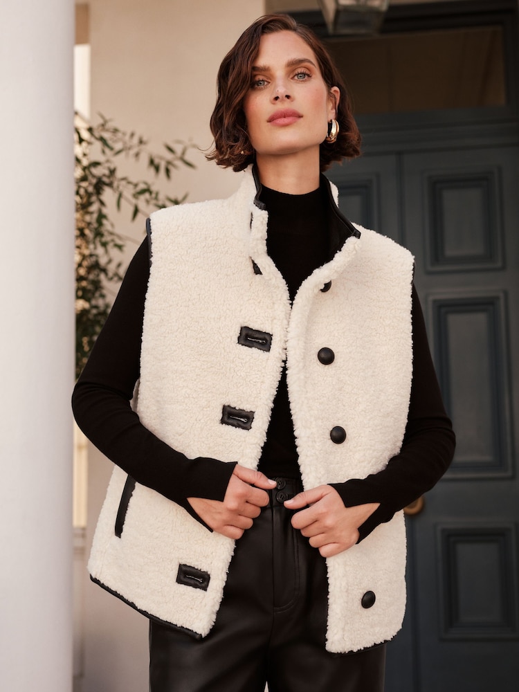 Love & Roses Cream Borg And Faux Leather Trim Gilet - Image 1 of 4 Love & Roses Cream Borg And Faux Leather Trim Gilet - Image 1 of 4