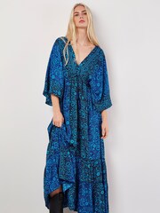 Apricot Blue Floral Satin Kimono Maxi Dress - Image 1 of 5