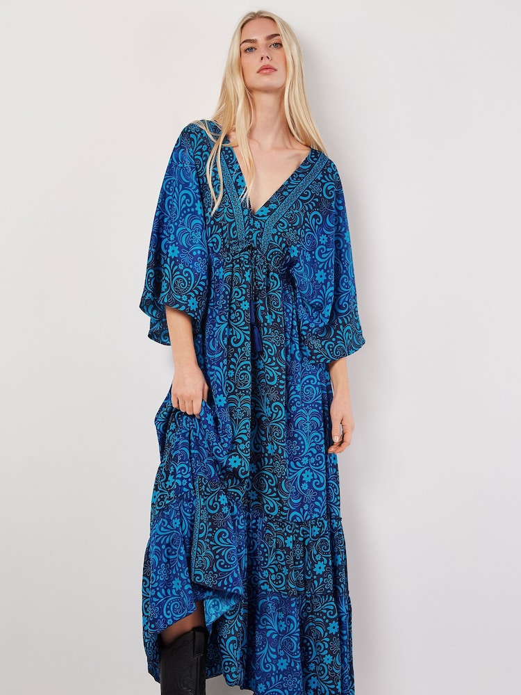 Apricot Blue Floral Satin Kimono Maxi Dress - Image 1 of 5