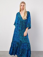 Apricot Blue Floral Satin Kimono Maxi Dress - Image 2 of 5