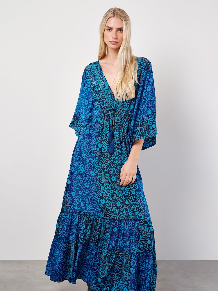 Apricot Blue Floral Satin Kimono Maxi Dress - Image 2 of 5
