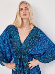 Apricot Blue Floral Satin Kimono Maxi Dress - Image 3 of 5