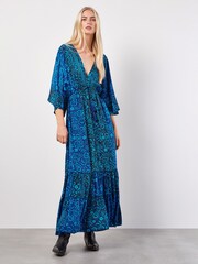 Apricot Blue Floral Satin Kimono Maxi Dress - Image 4 of 5
