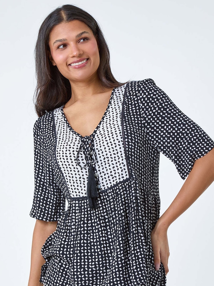 Roman Black Geometric Print Tassel Tie Smock Top - Image 1 of 5