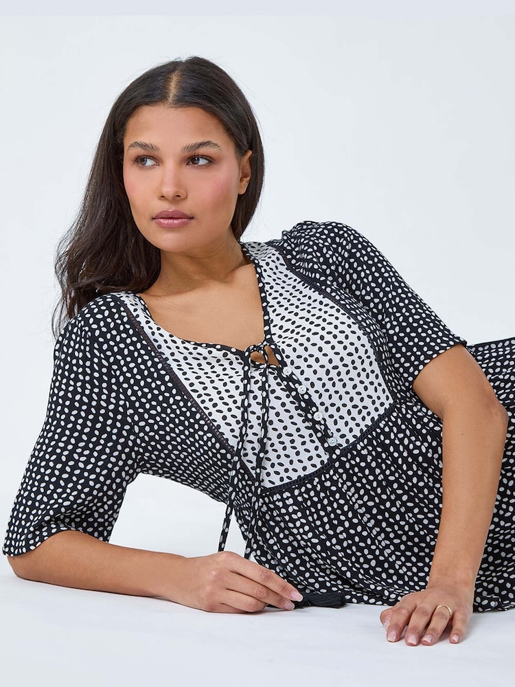 Roman Black Geometric Print Tassel Tie Smock Top - Image 2 of 5