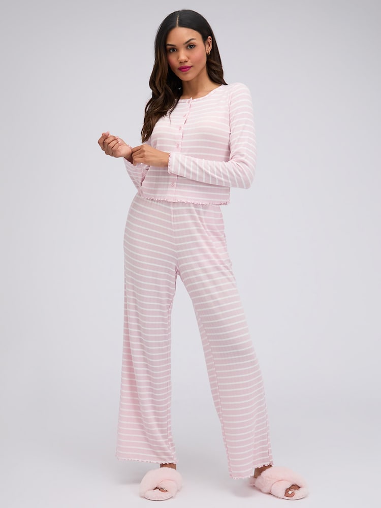 Boux Avenue Pink Striped Pointelle Long Pyjamas Set - Image 1 of 5 Boux Avenue Pink Striped Pointelle Long Pyjamas Set - Image 1 of 5