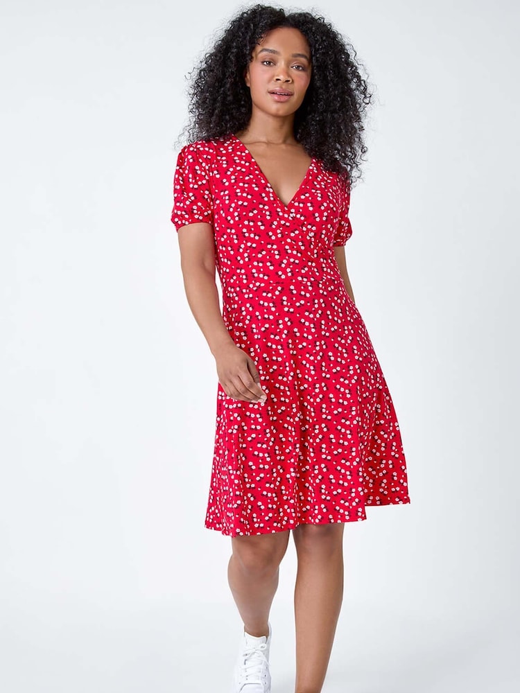 Roman Red Ditsy Wrap Stretch Dress - Image 1 of 5