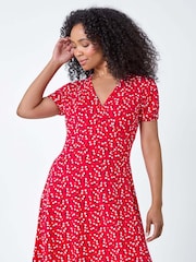 Roman Red Ditsy Wrap Stretch Dress - Image 2 of 5