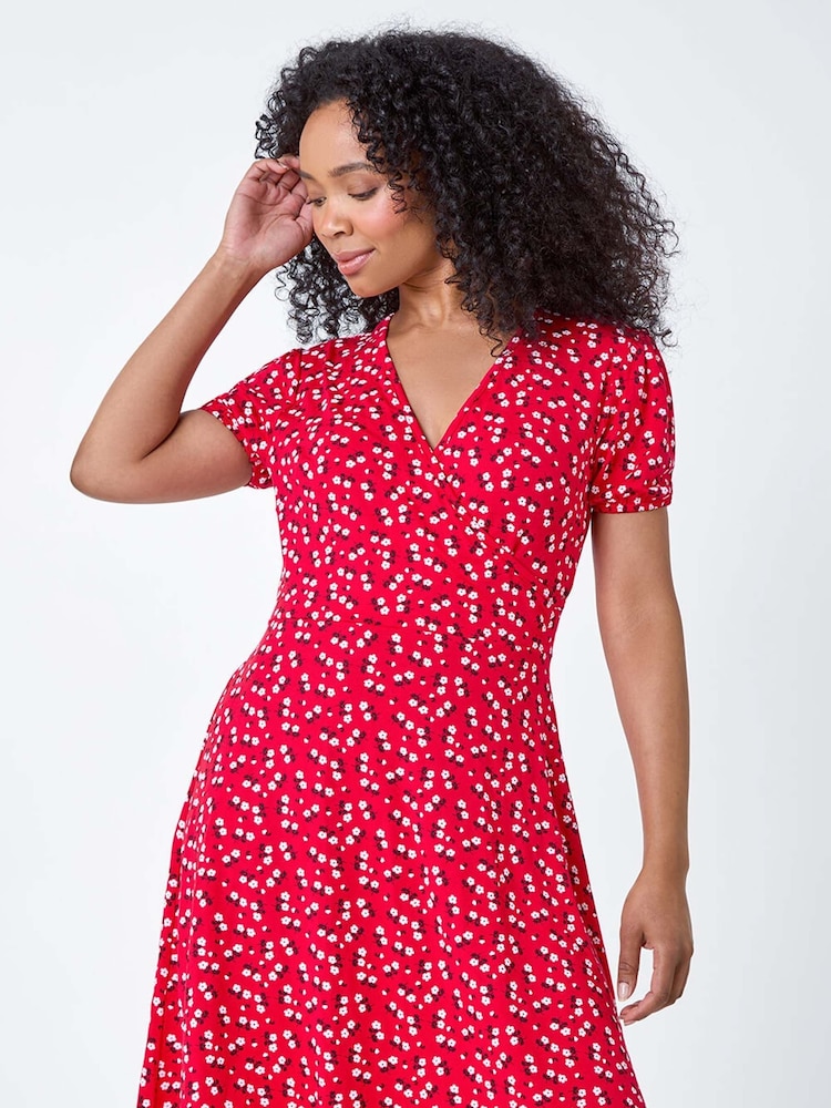 Roman Red Ditsy Wrap Stretch Dress - Image 2 of 5