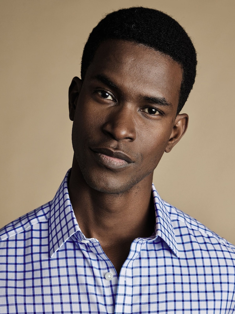 Charles Tyrwhitt Blue Slim Fit Non Iron Twill Grid Check 100% Cotton Shirt - Image 5 of 9