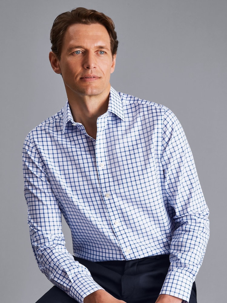 Charles Tyrwhitt Blue Slim Fit Non Iron Twill Grid Check 100% Cotton Shirt - Image 6 of 9