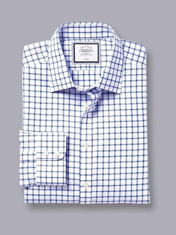 Charles Tyrwhitt Blue Slim Fit Non Iron Twill Grid Check 100% Cotton Shirt - Image 7 of 9