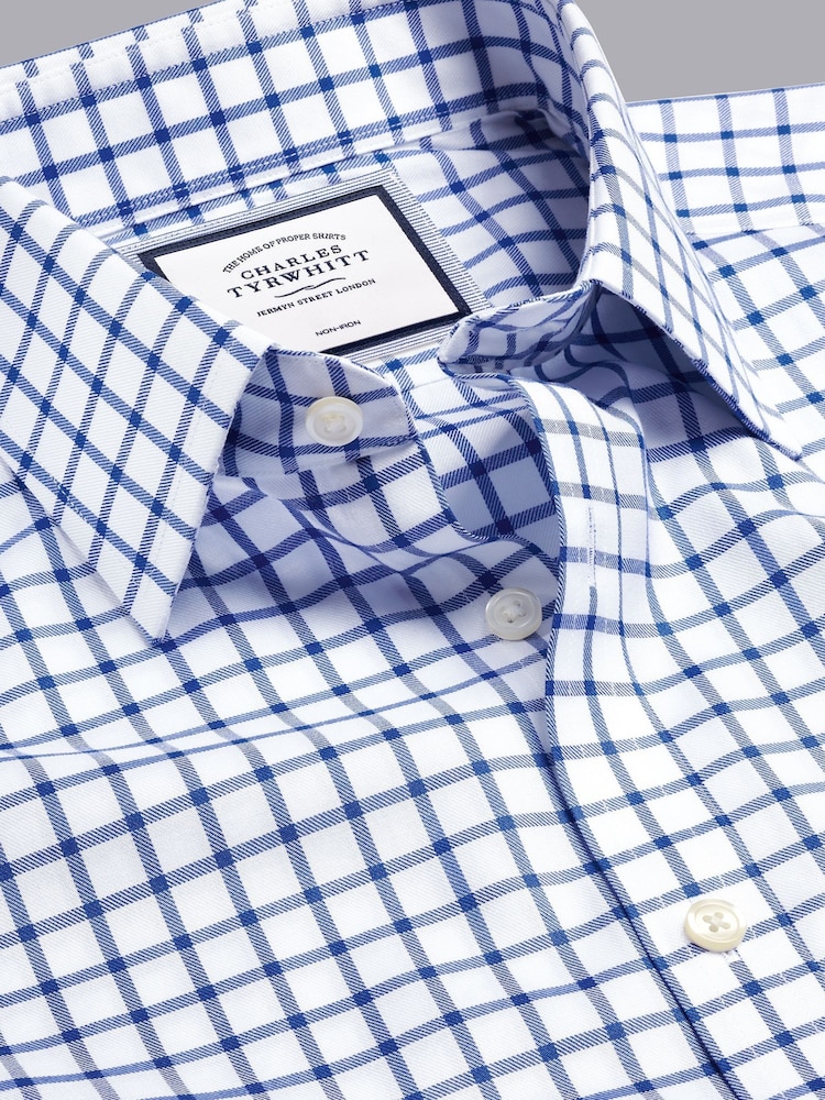 Charles Tyrwhitt Blue Slim Fit Non Iron Twill Grid Check 100% Cotton Shirt - Image 8 of 9