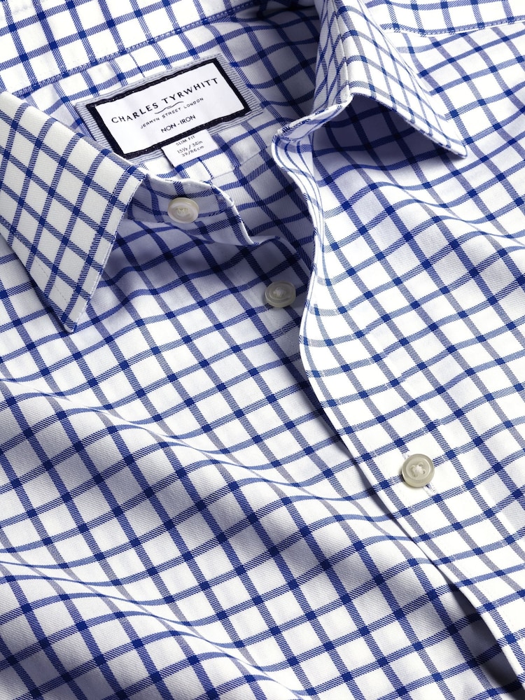 Charles Tyrwhitt Blue Slim Fit Non Iron Twill Grid Check 100% Cotton Shirt - Image 9 of 9