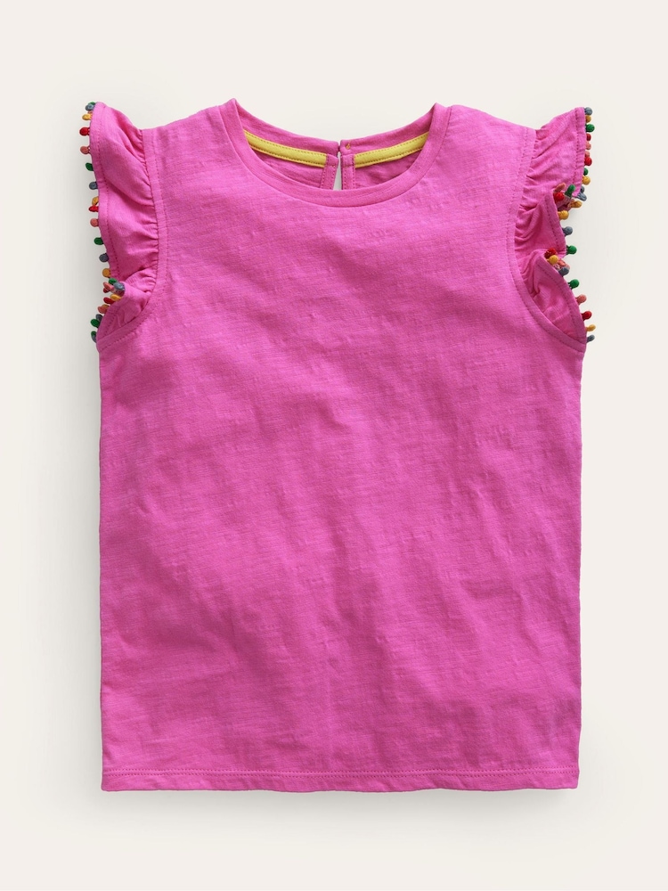 Boden Pink 100% Cotton Pom Trim T-Shirt - Image 1 of 3 Boden Pink 100% Cotton Pom Trim T-Shirt - Image 1 of 3