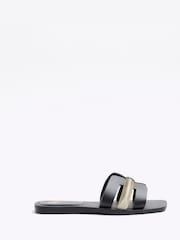 River Island Black Wide Fit Cut Out Leather Sandals - Image 1 of 4