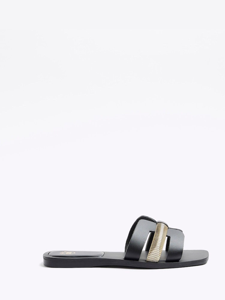 River Island Black Wide Fit Cut Out Leather Sandals - Image 1 of 4