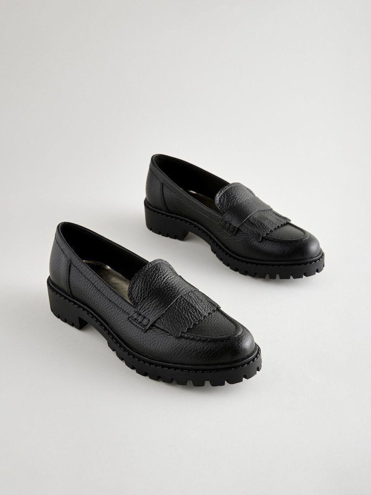 Black Premium Fringe Leather Chunky Loafers - Image 1 of 5
