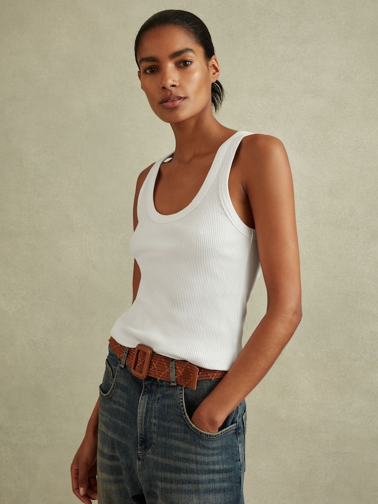Reiss White Elle Ribbed Cotton Blend Vest - Image 1 of 5