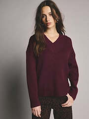 Berry Red V-Neck Knit Jumper - Image 1 of 6