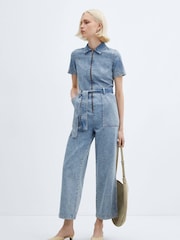 Mango Blue Short Sleeve 100% Cotton Denim Jumpsuit - Image 1 of 7