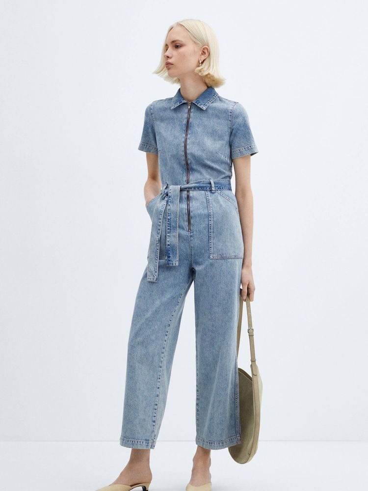 Mango Blue Short Sleeve 100% Cotton Denim Jumpsuit - Image 1 of 7 Mango Blue Short Sleeve 100% Cotton Denim Jumpsuit - Image 1 of 7