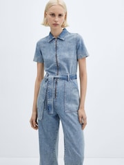 Mango Blue Short Sleeve 100% Cotton Denim Jumpsuit - Image 3 of 7