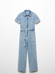 Mango Blue Short Sleeve 100% Cotton Denim Jumpsuit - Image 7 of 7