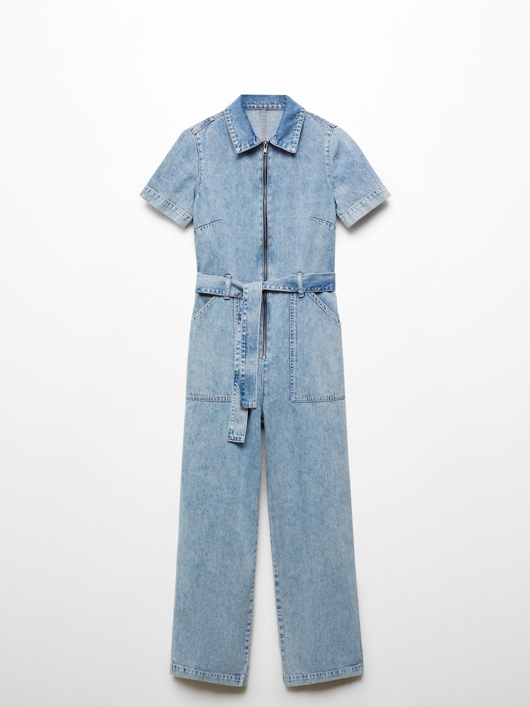 Mango Blue Short Sleeve 100% Cotton Denim Jumpsuit - Image 7 of 7 Mango Blue Short Sleeve 100% Cotton Denim Jumpsuit - Image 7 of 7