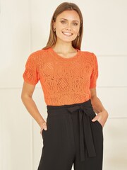 Yumi Orange 100% Cotton Crochet Knitted Top - Image 3 of 5