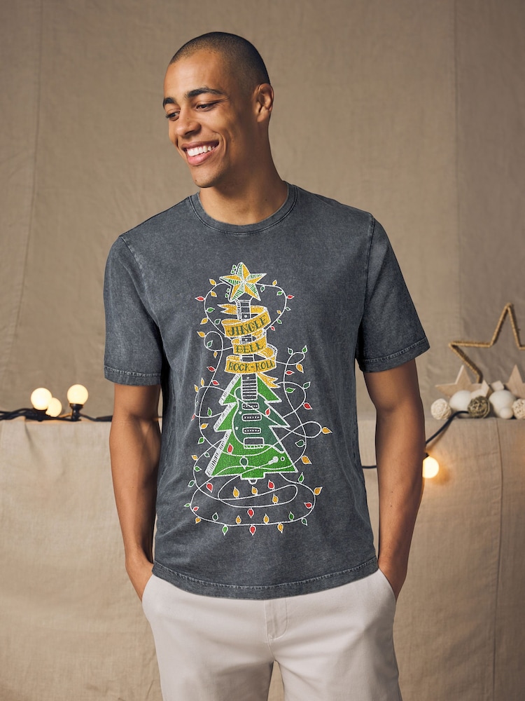 Grey Guitar Tree Christmas 100% Cotton T-Shirt - Image 1 of 8