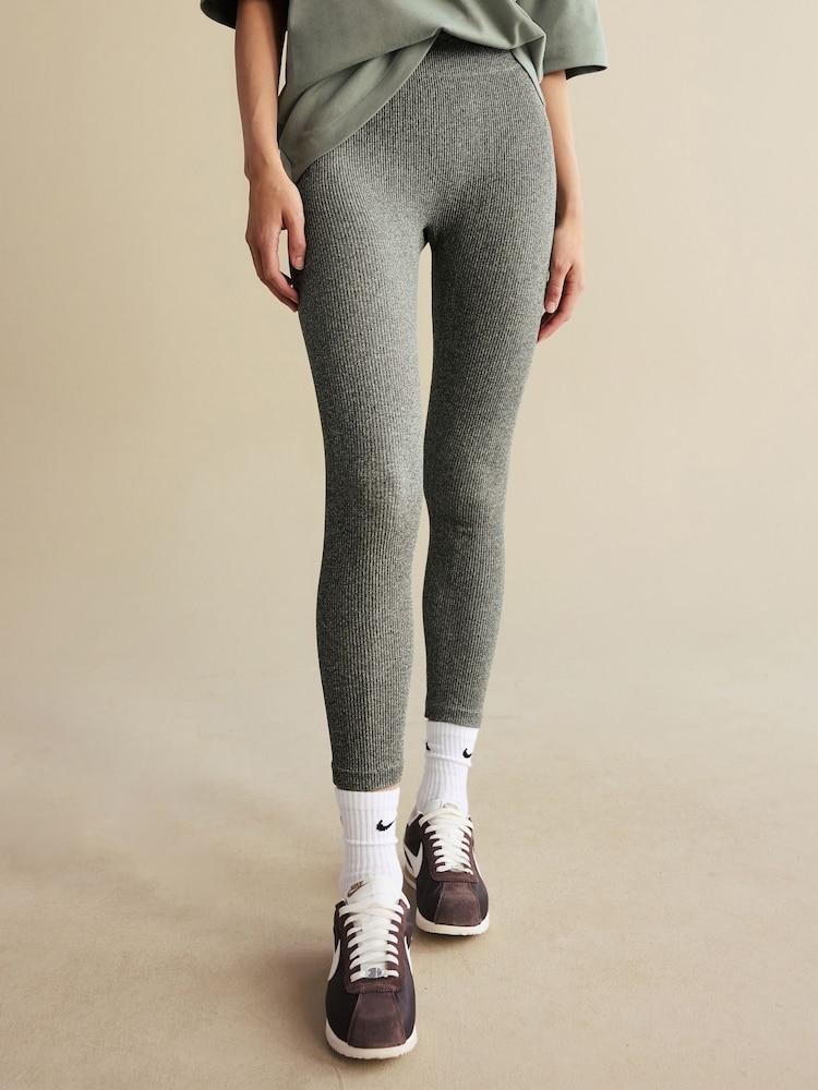 Olive chiné - Côtelé sans couture Taille haute Leggings - Image 4 of 6