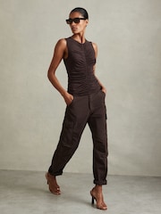 Reiss Chocolate Simone Lyocell-Wool Ruched Vest - Image 1 of 5