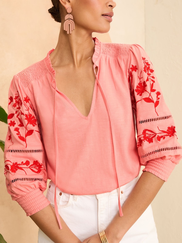 Love & Roses Pink V Neck Embroidered Sleeve Jersey Top - Image 2 of 4