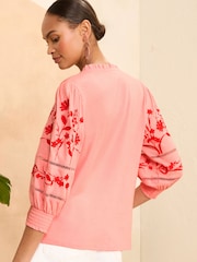 Love & Roses Pink V Neck Embroidered Sleeve Jersey Top - Image 3 of 4