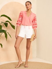 Love & Roses Pink V Neck Embroidered Sleeve Jersey Top - Image 4 of 4