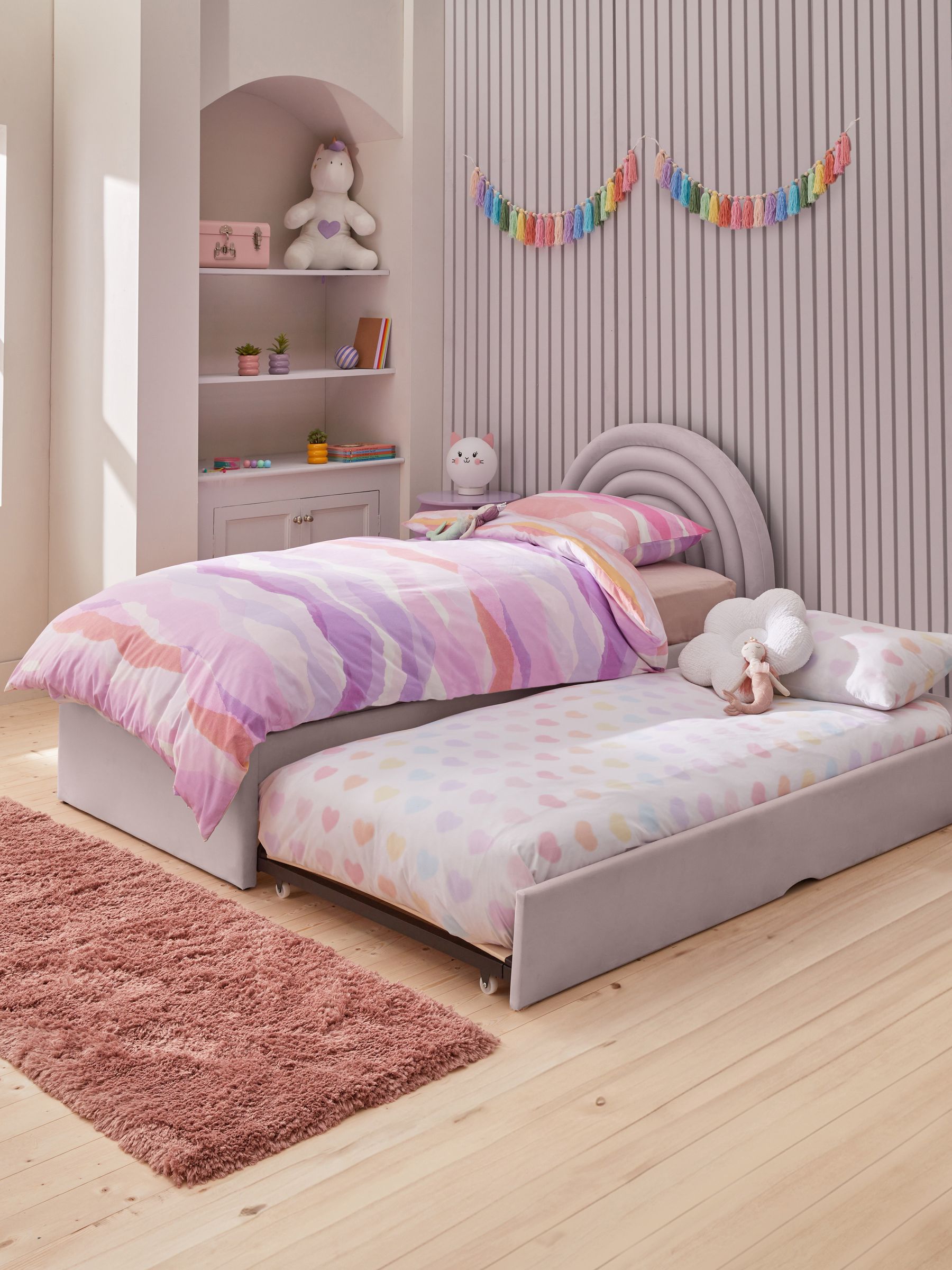 Opulent Velvet Lilac Purple Kids Rainbow Upholstered Trundle Bed